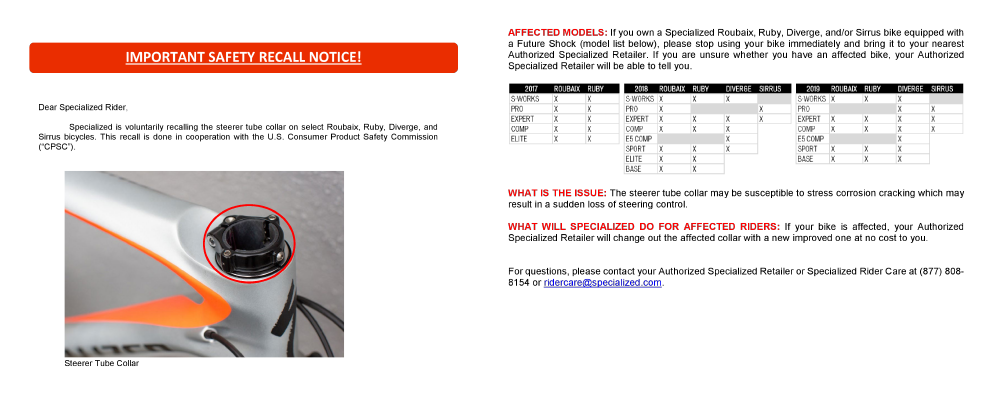 Specialized recall notice